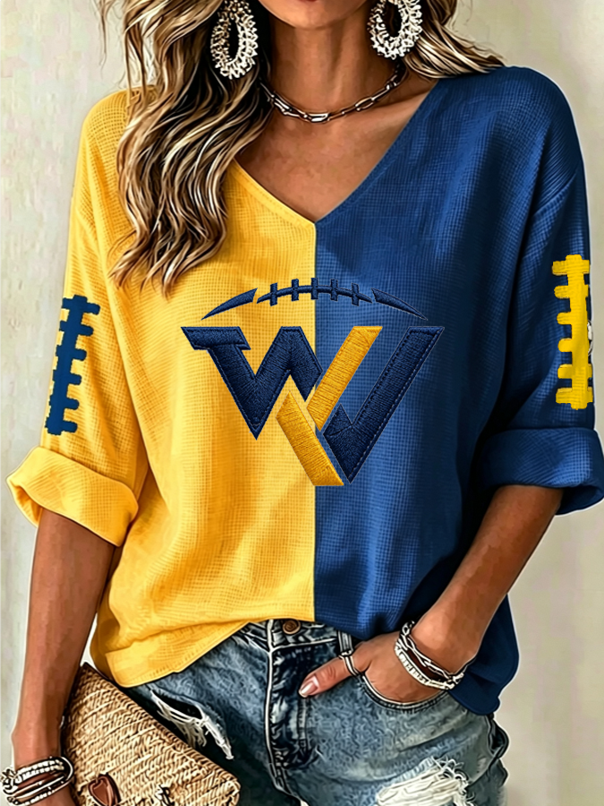 Women'S Rugby Patterned Waffle V-Neck Top