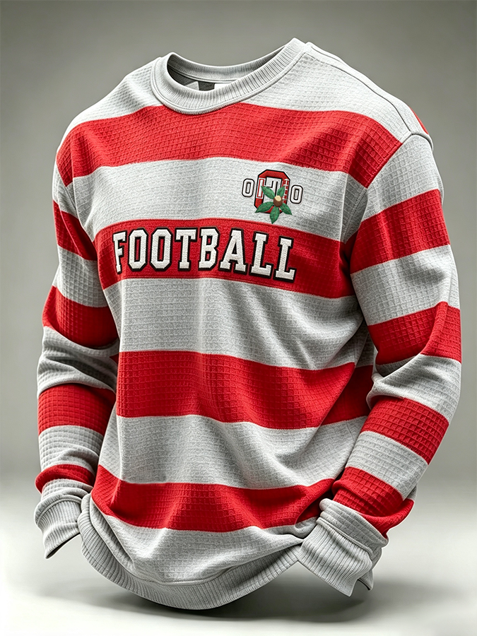 Men'S College Rugby Striped Round Neck Waffle Long Sleeved Shirt