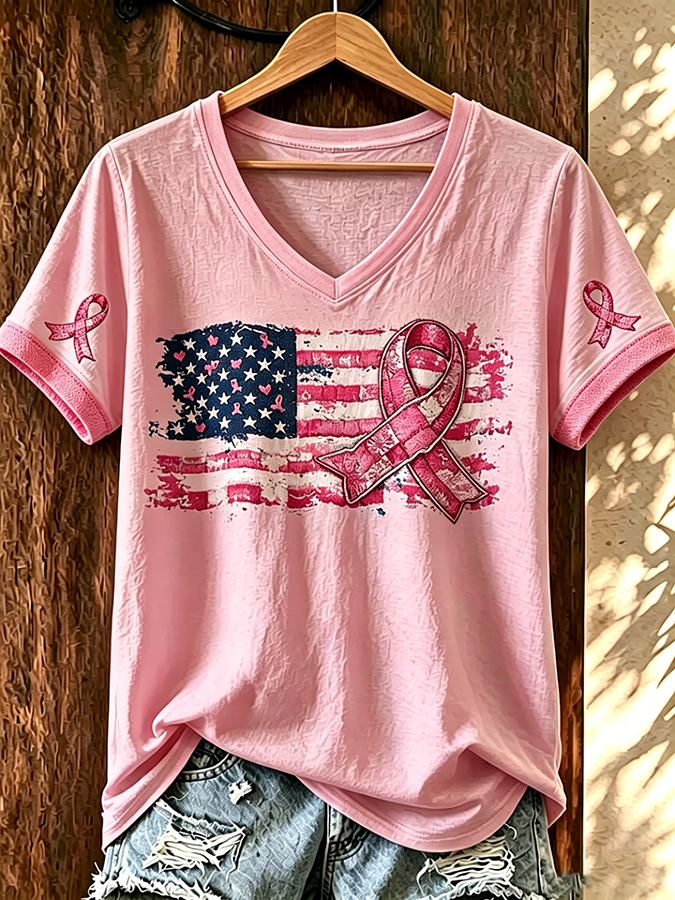 Women'S American Flag Pink Ribbon Embroidered Casual T-Shirt