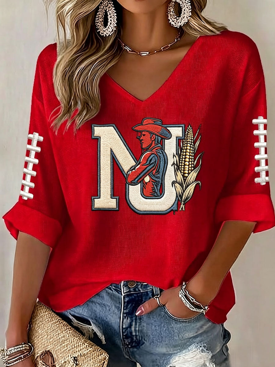 Women'S Football Print Waffle  Top