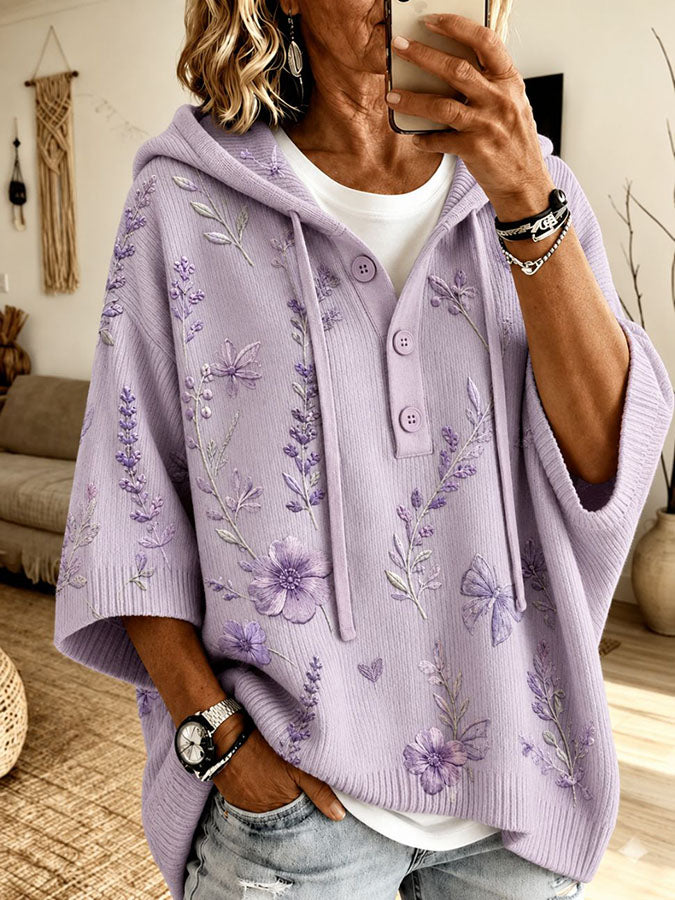 Women's Lavender Floral Butterfly Embroidery Short Sleeve Knit Hooded