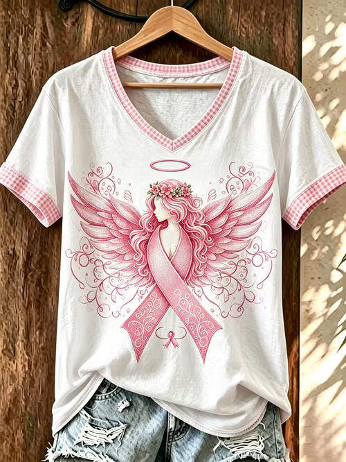 Women'S Pink Art Printed V-Neck T-Shirt