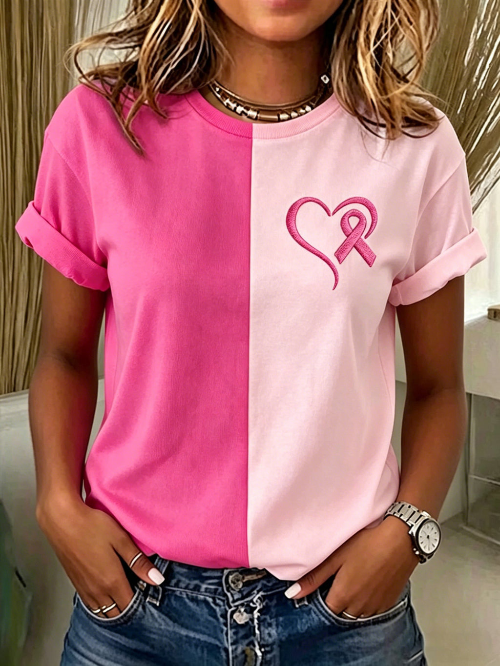 Women'S Color Contrast Breast Cancer Casual T-Shirt