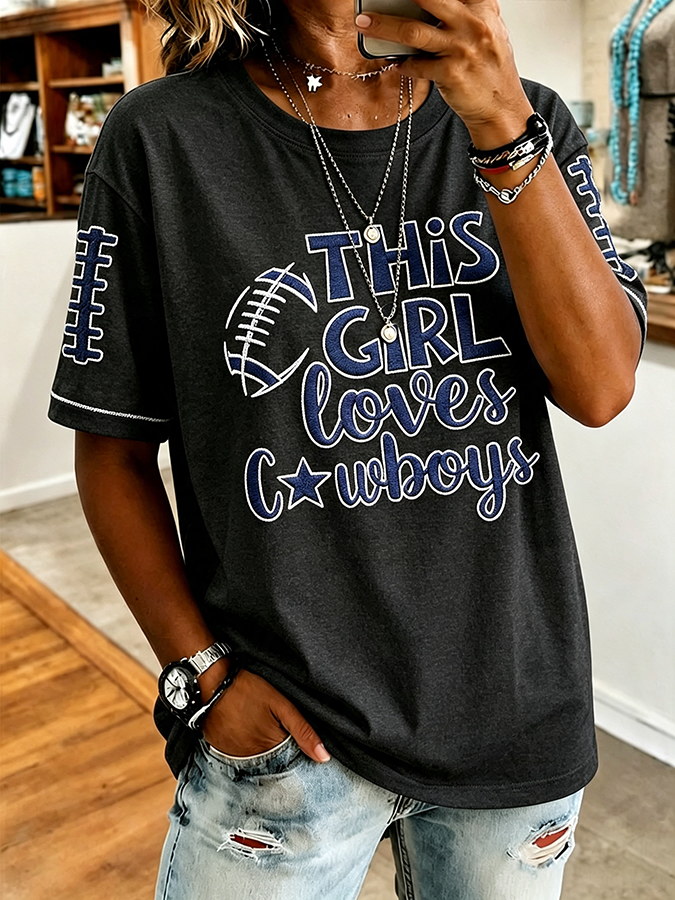 Women'S Football Printed Round Neck Short Sleeve Knitted Shirt