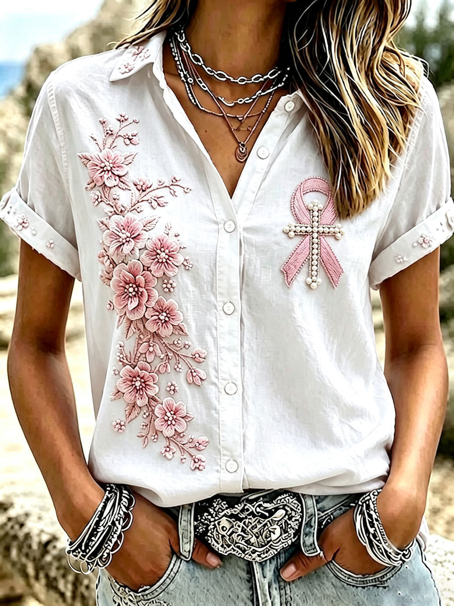 Women'S Casual Breast Cancer Awareness Faith Print Shirt