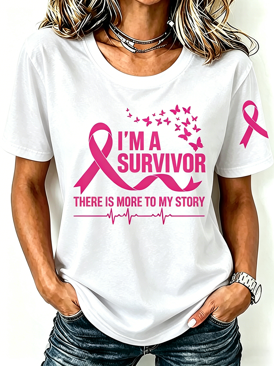 Pink Series Disease Health Awareness Public Welfare Printed Round Neck T-Shirt