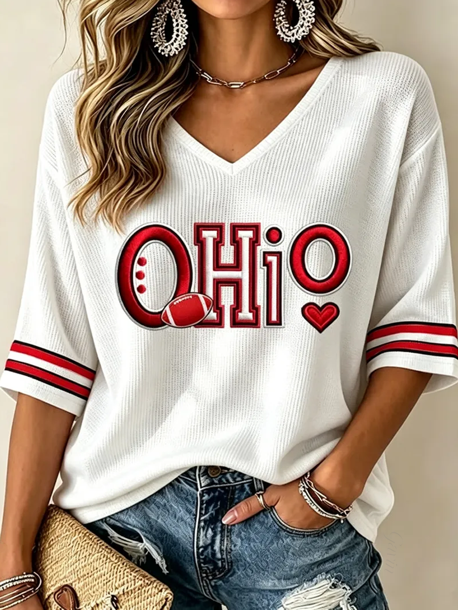 Women'S College Football Printed Waffle V-Neck Top