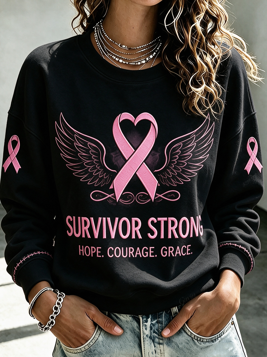 Women'S Casual Breast Survivor Strong Round Neck Top
