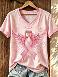 Women'S Pink Art Printed V-Neck T-Shirt