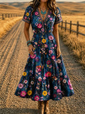 Women'S Western Style V-Neck Short Sleeved Floral Pattern Dress