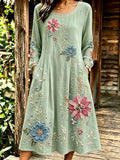 Women'S Round Retro Floral Cotton Linen Long Sleeved Dress