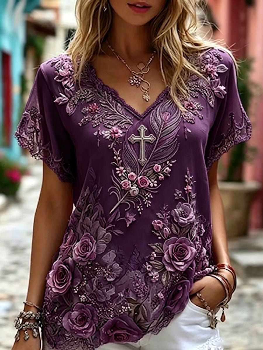 Women's  Cross, Floral Cotton Linen Top