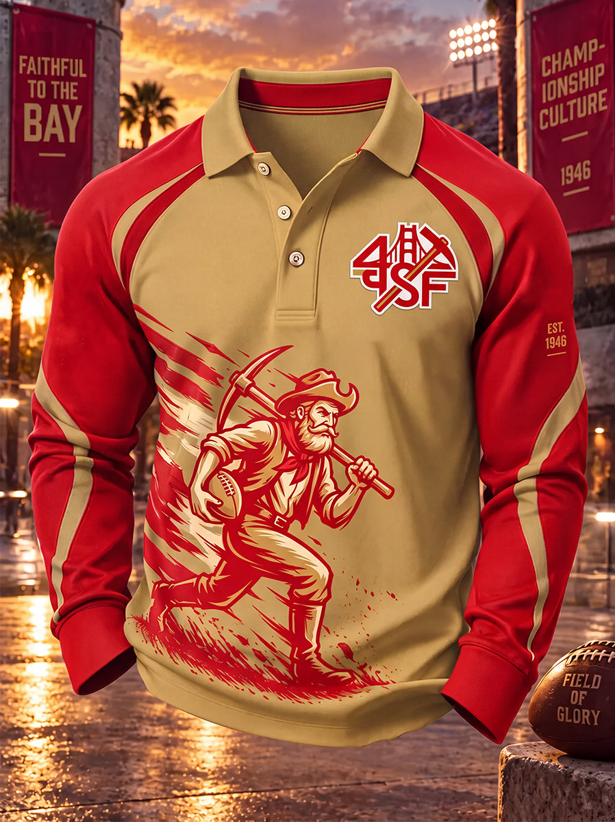 Men's American football waffle long sleeved polo shirt