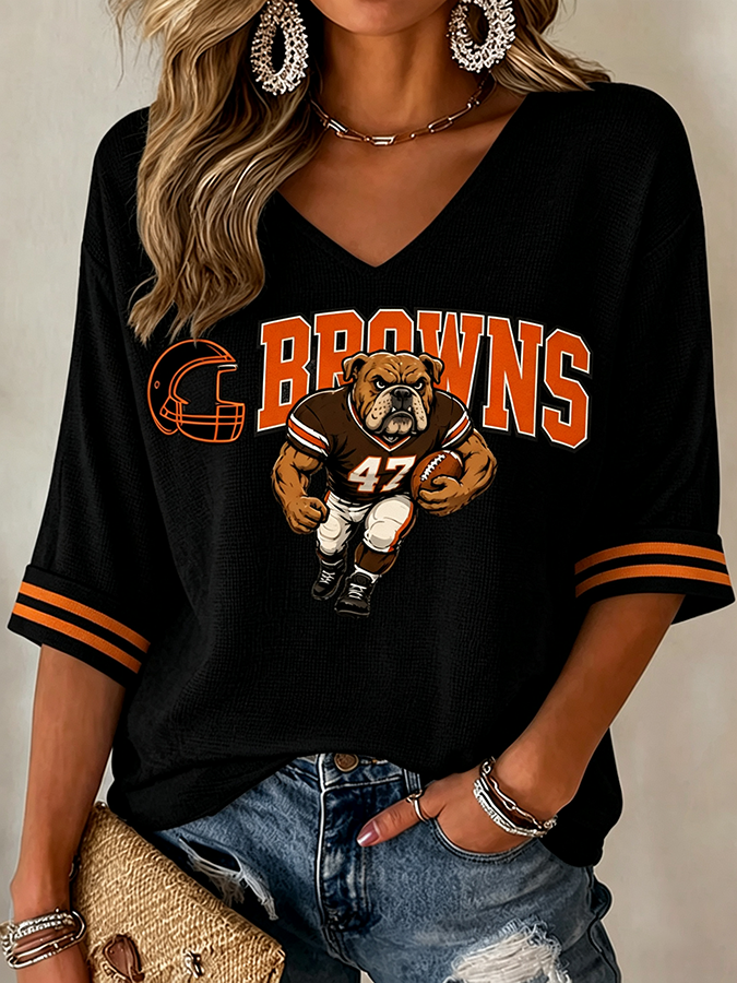 Women'S Rugby Patterned Waffle V-Neck Top