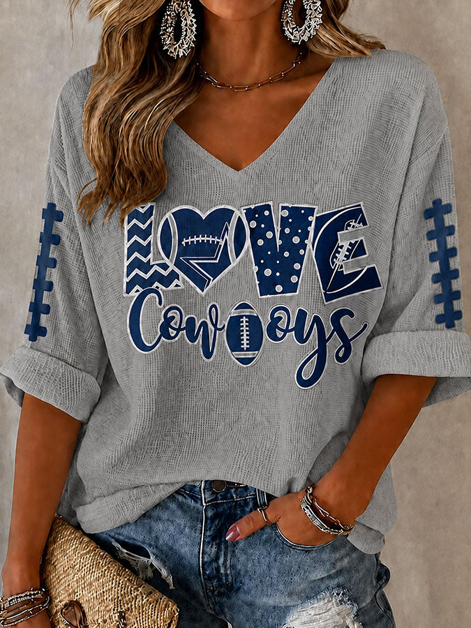 Women'S Football Printed Mid Sleeve V-Neck T-Shirt