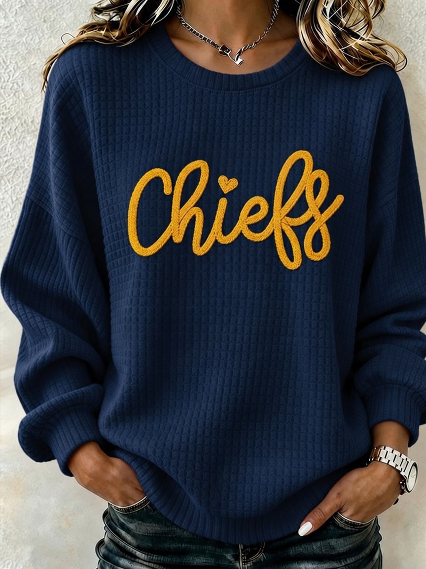 Women's Football Print Crew Neck Check Sweatshirt