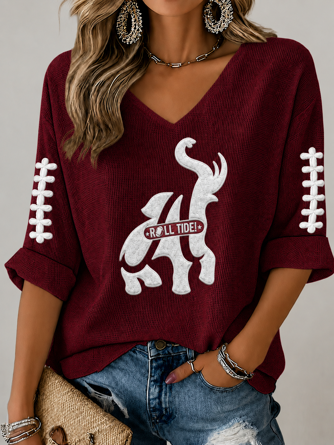 Women'S Rugby Patterned Waffle V-Neck Top