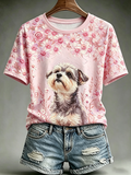 Women's Oil Painting Animal Dog Printed Vintage Fashion Loose Short Sleeve T-Shirt
