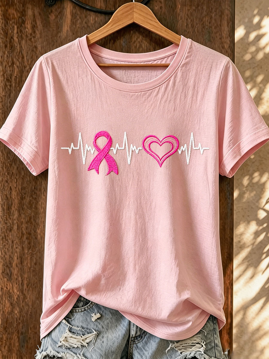 Women's Simple Pink Ribbon Love Embroidered T-Shirt
