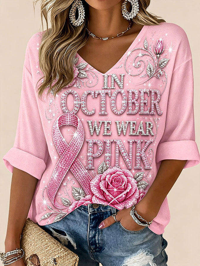 Women'S In October We Wear Pink Printed Waffle T-Shirt
