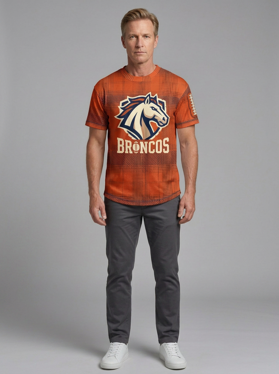 Unisex Denver Broncos Plaid Football Logo Printed T-shirt