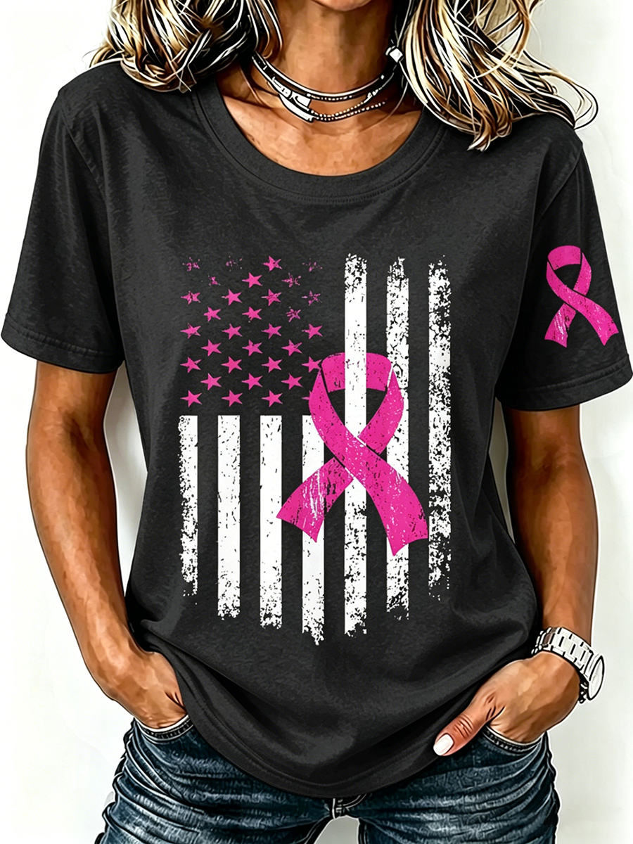 Pink Series Disease Health Awareness Public Welfare Printed Round Neck T-Shirt