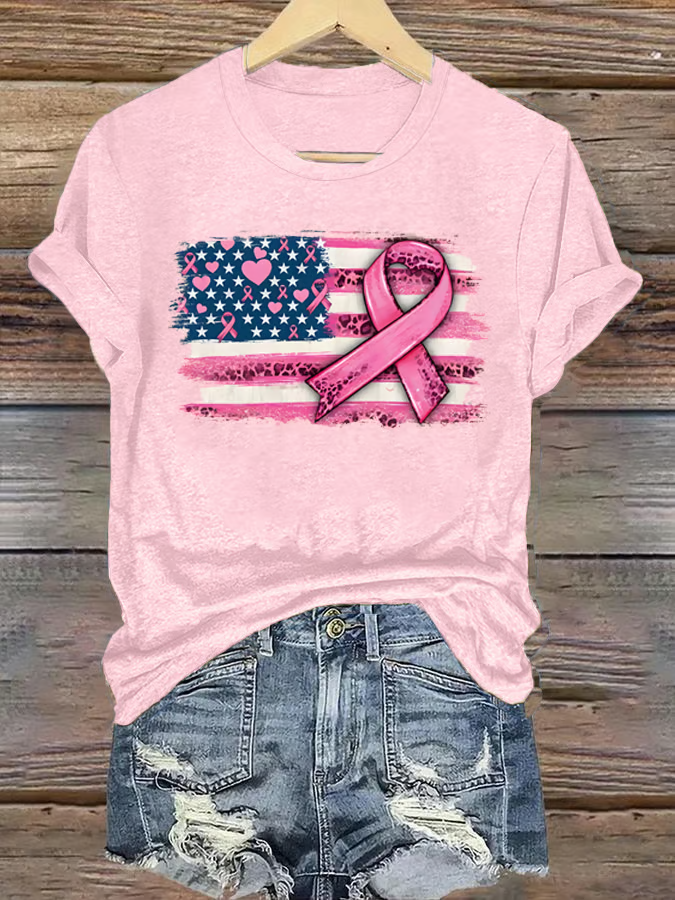Women's breast cancer US flag T-shirt