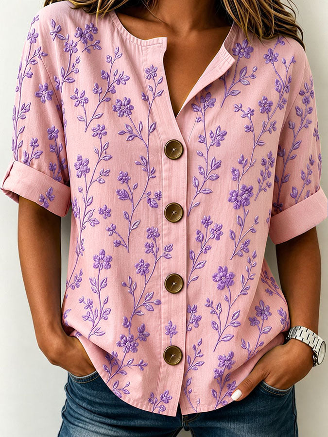Women's Lavender Floral Embroidery Short Sleeve Linen Blend Shirt