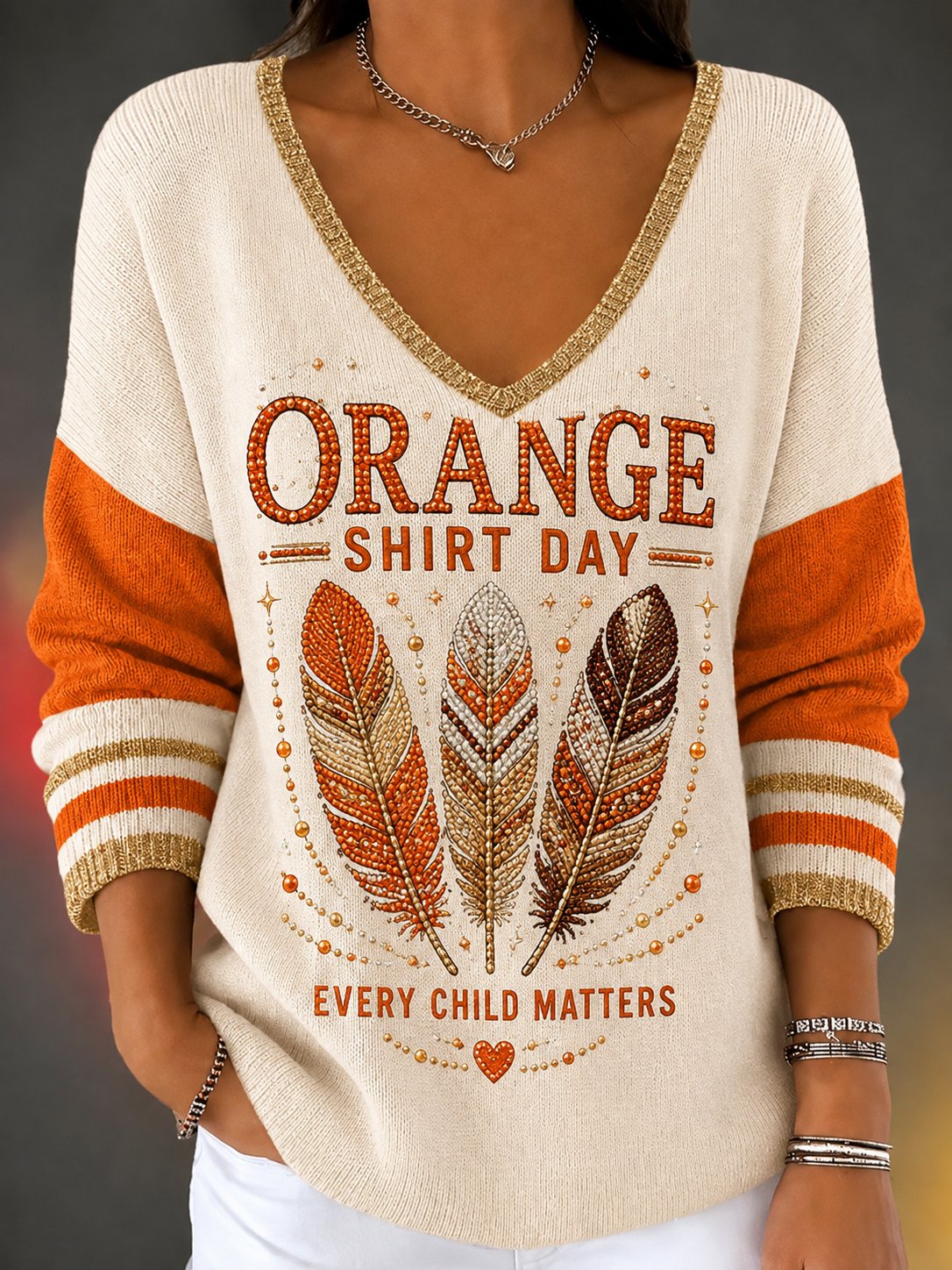 Women's Orange Shirt Day Print Knit Sweater