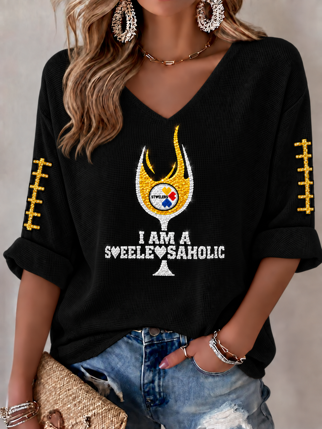 Women's Football Printed V-Neck T-Shirt