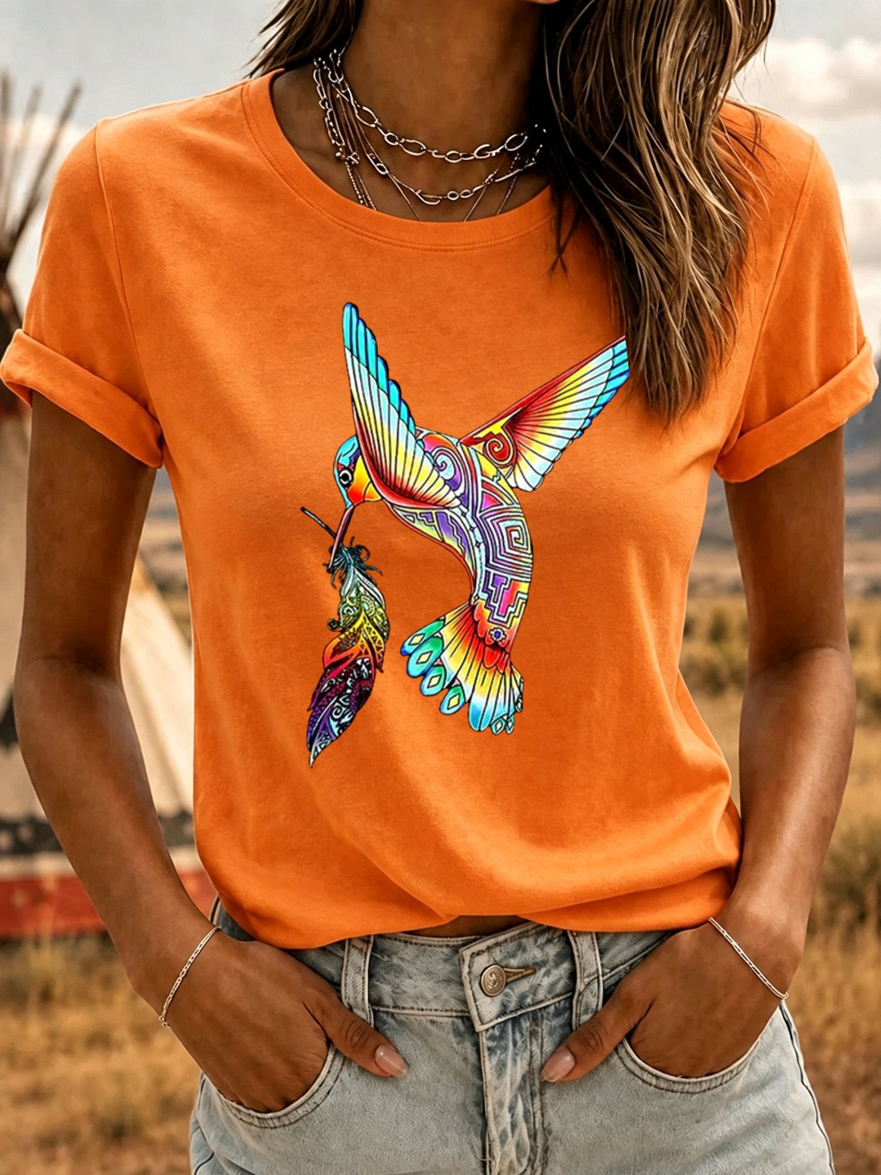 ❤️Buy 3 Get 20% Off❤️Women's Orange Shirt Day Hummingbird Print Casual T-shirt