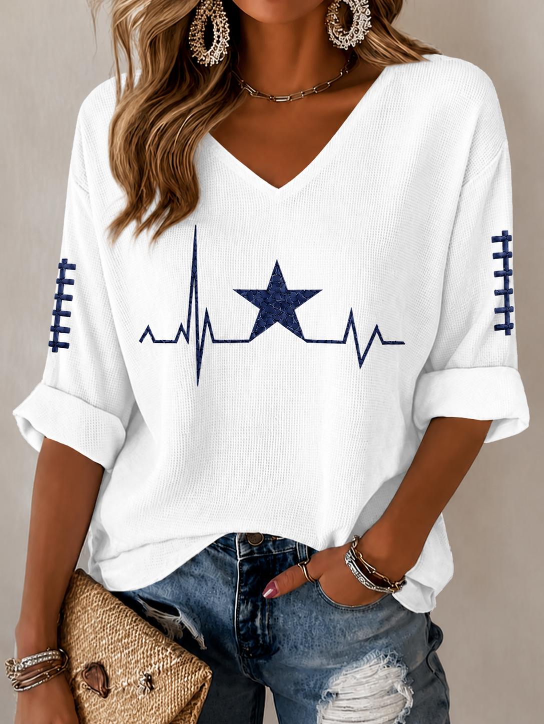 Women'S Football Printed Mid Sleeve V-Neck T-Shirt