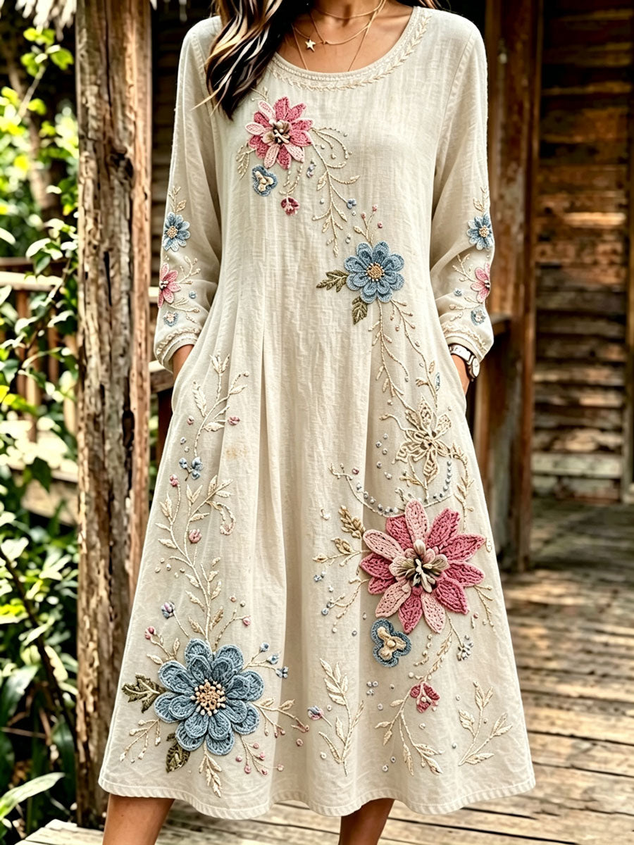 Women'S Round Retro Floral Cotton Linen Long Sleeved Dress