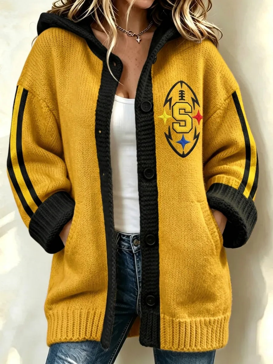 Women'S Football Print Casual Hooded Long Cardigan