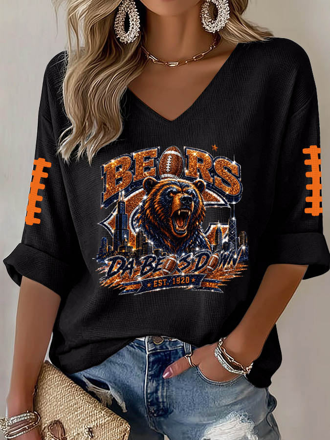 Women'S Rugby Printed Waffle Long Sleeve T-Shirt
