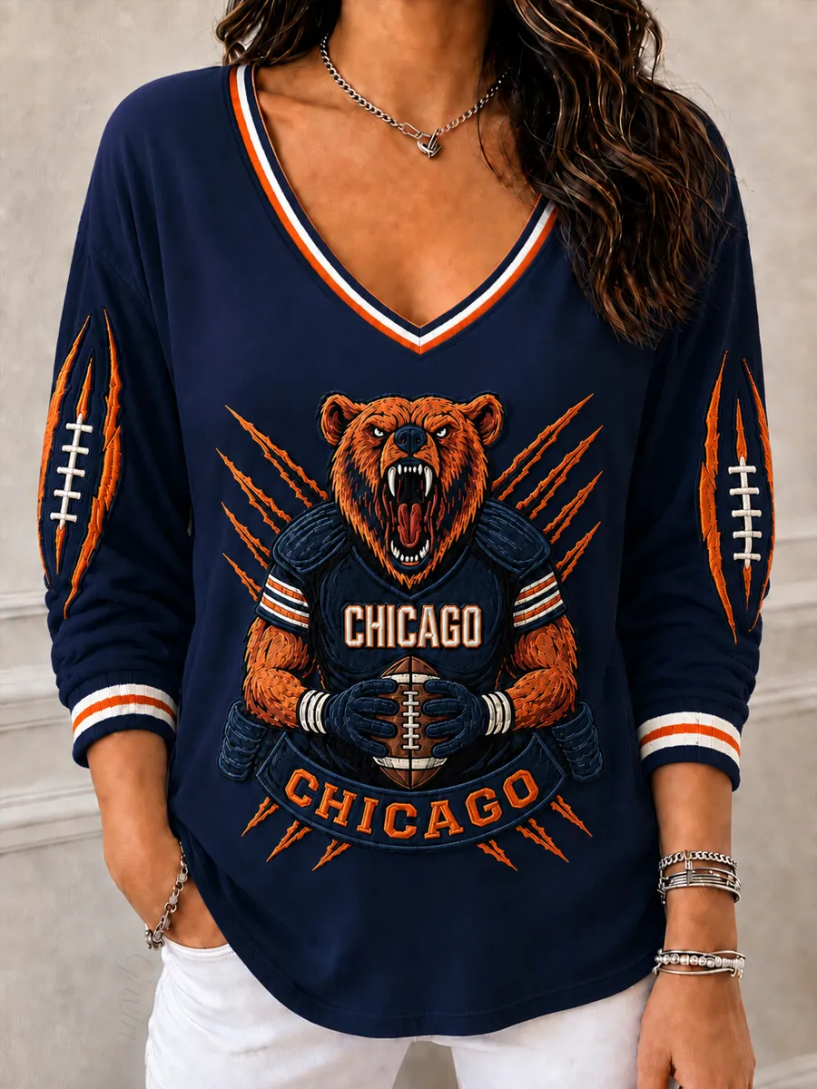 Women'S Football Gameday Gift For Football Fans V-Neck Long Sleeve T-Shirt