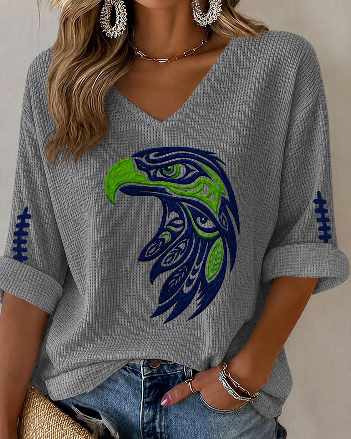 Women'S Seattle Football Vintage Fashion Printed Waffle T-Shirt