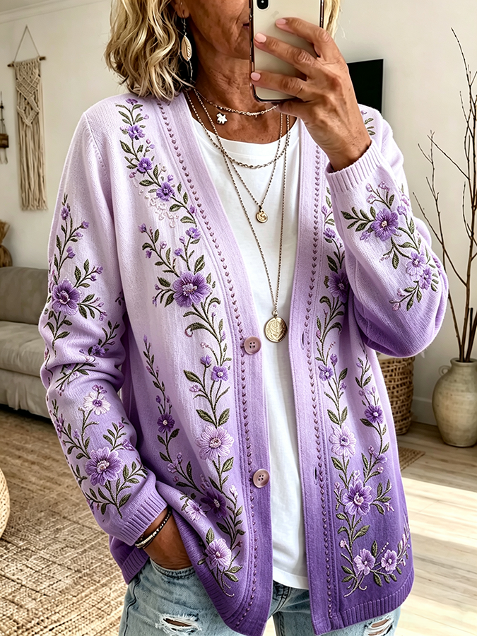 Women'S Casual Plant Flower Gradient Cardigan Top