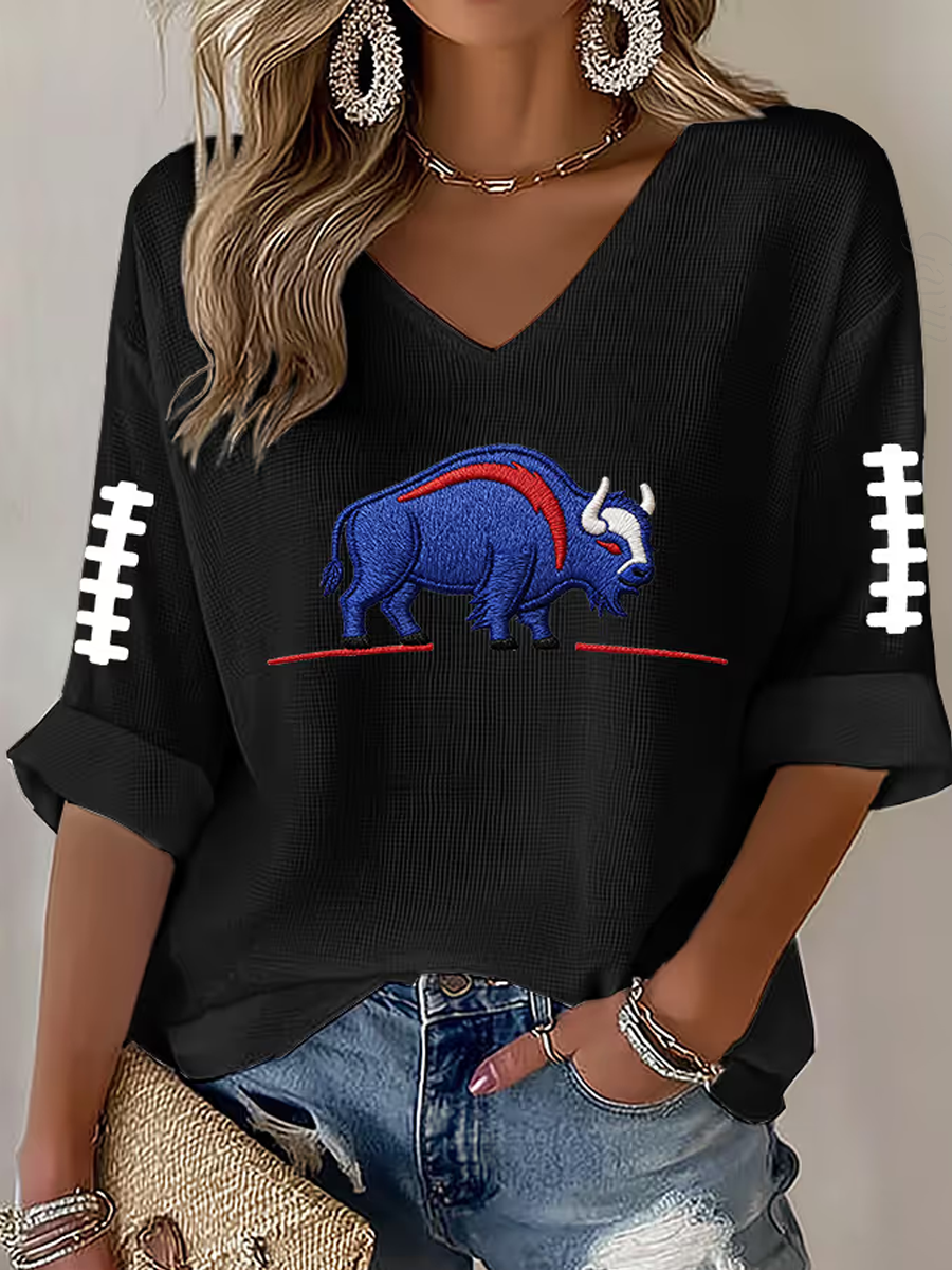 Women'S Football Printed V-Neck Mid Sleeve T-Shirt