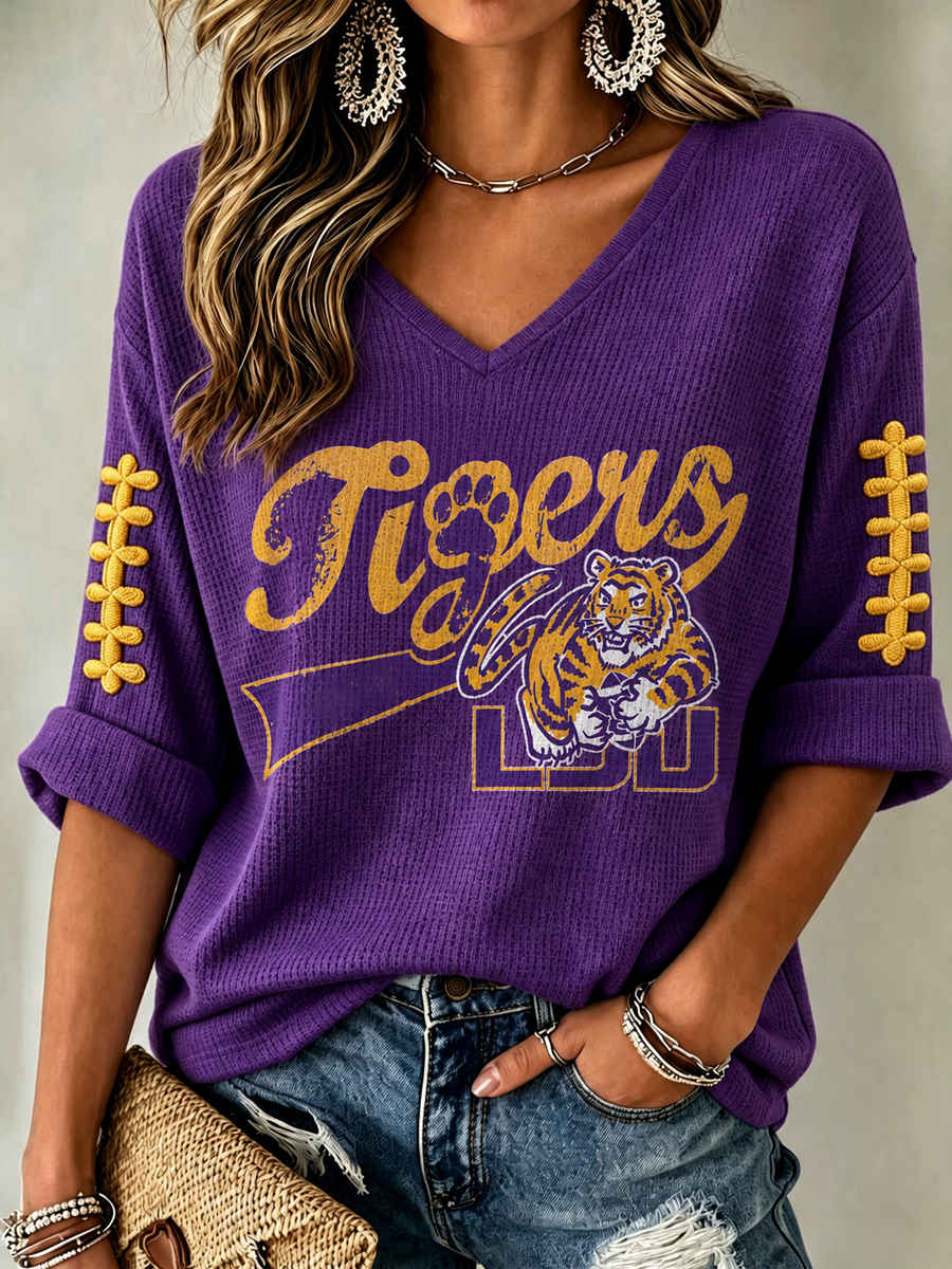 Women'S Rugby Patterned Waffle V-Neck Top