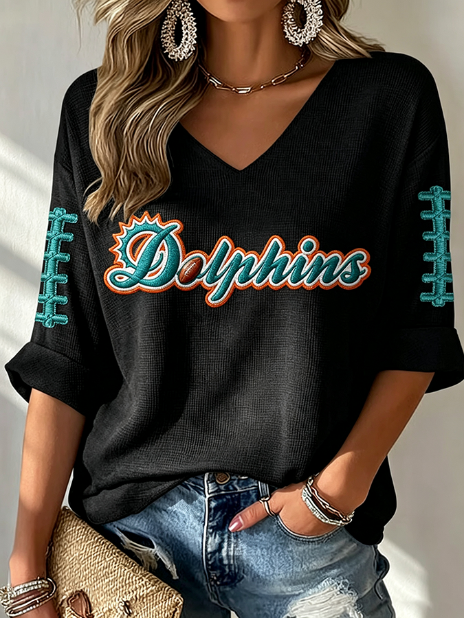 Women'S Rugby Patterned Waffle V-Neck Top