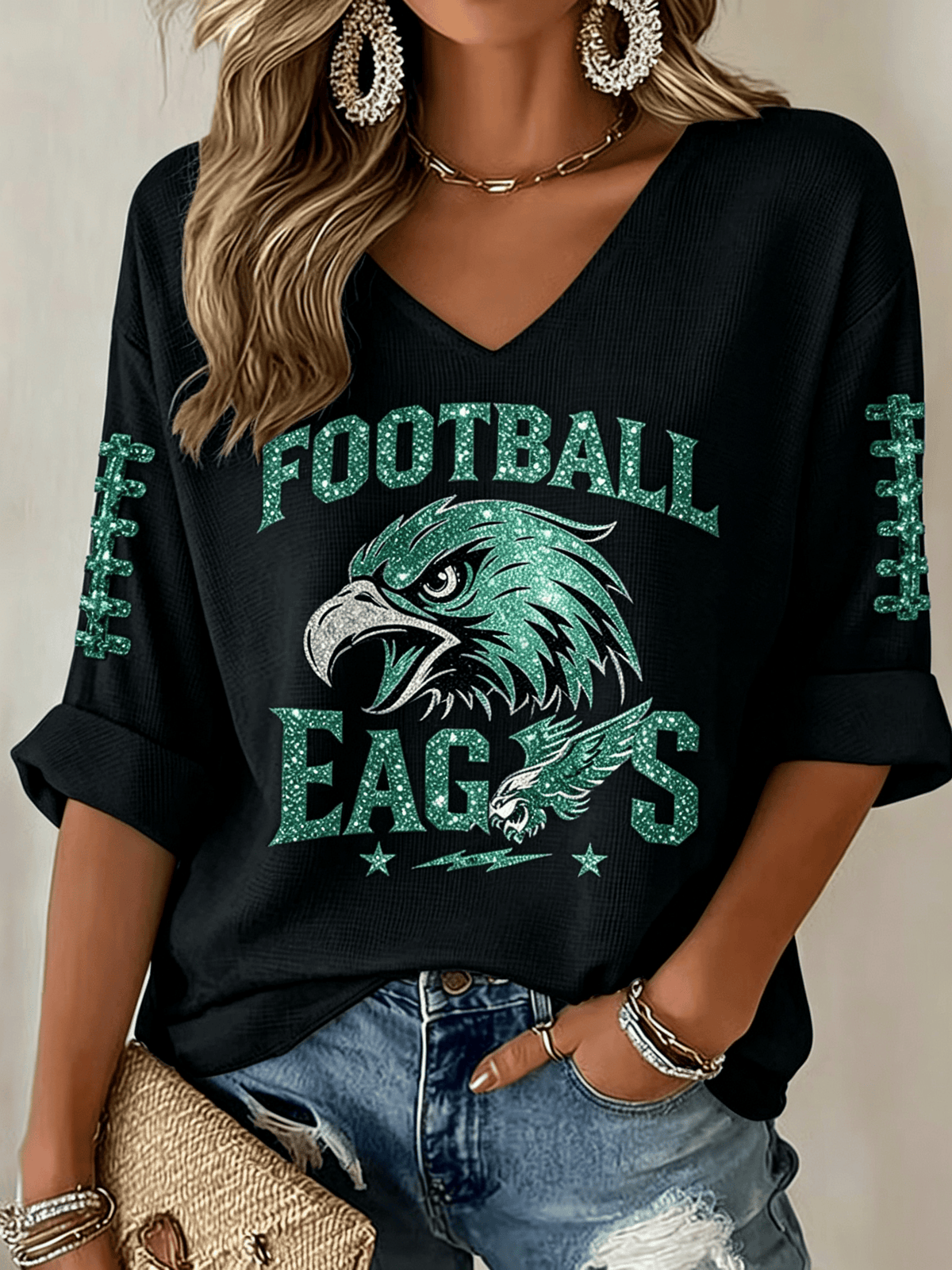 Women'S Football Printed Waffle Top