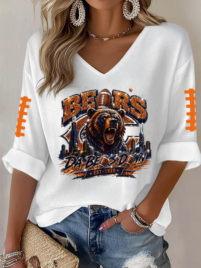 Women'S Rugby Printed Waffle Long Sleeve T-Shirt