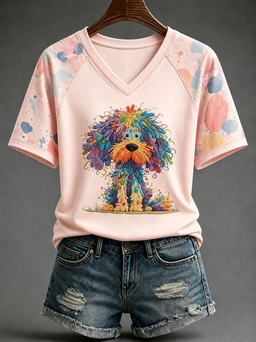 Ladies' Cute Dog V-Neck Casual T-Shirt