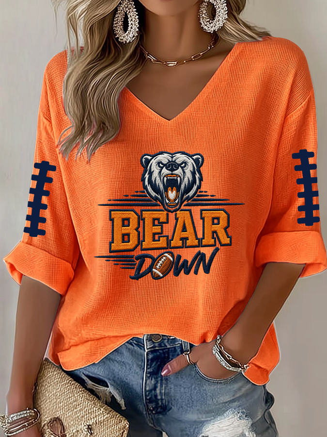 Women'S Rugby Printed Waffle Long Sleeve T-Shirt