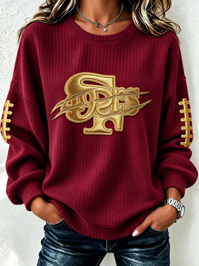 Women'S Football Print Waffle Long Sleeved Round Neck Sweatshirt