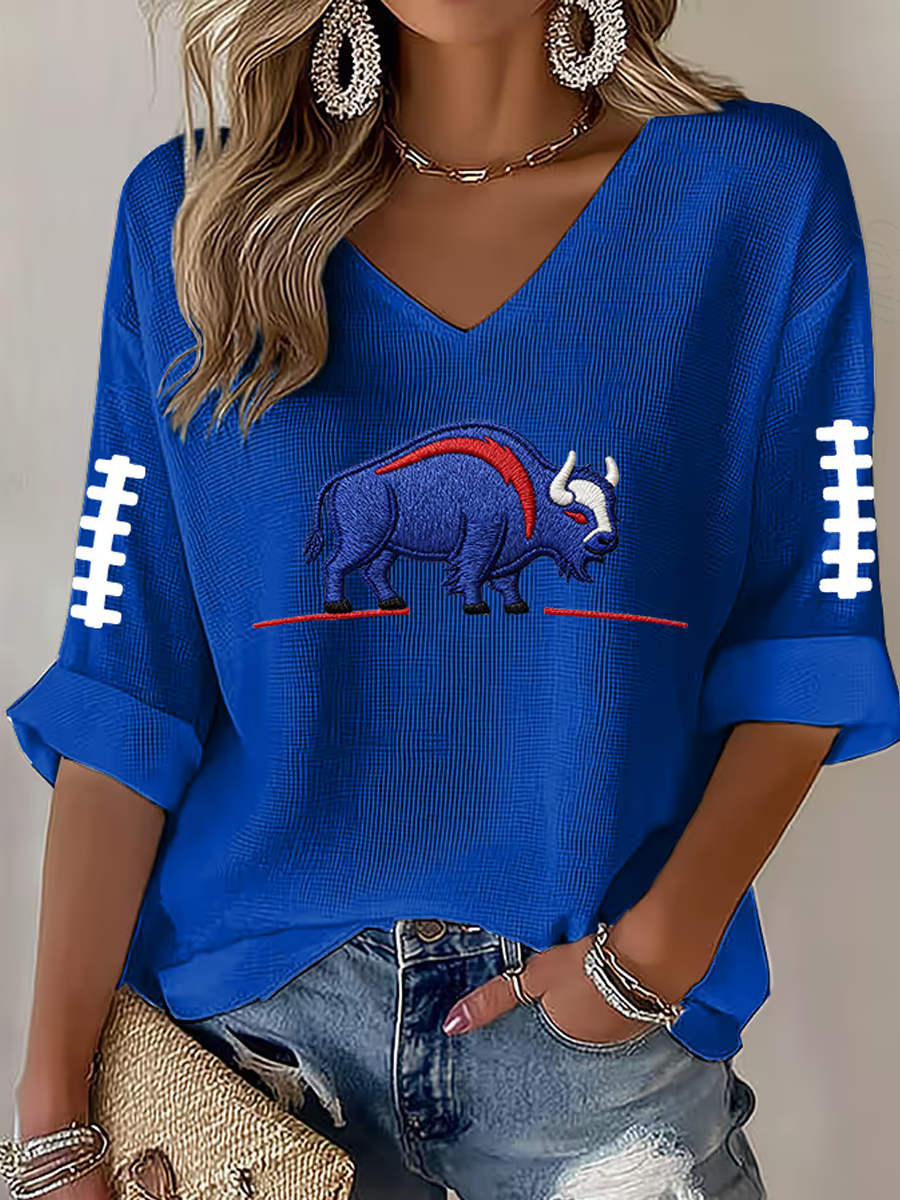 Women'S Football Printed V-Neck Mid Sleeve T-Shirt