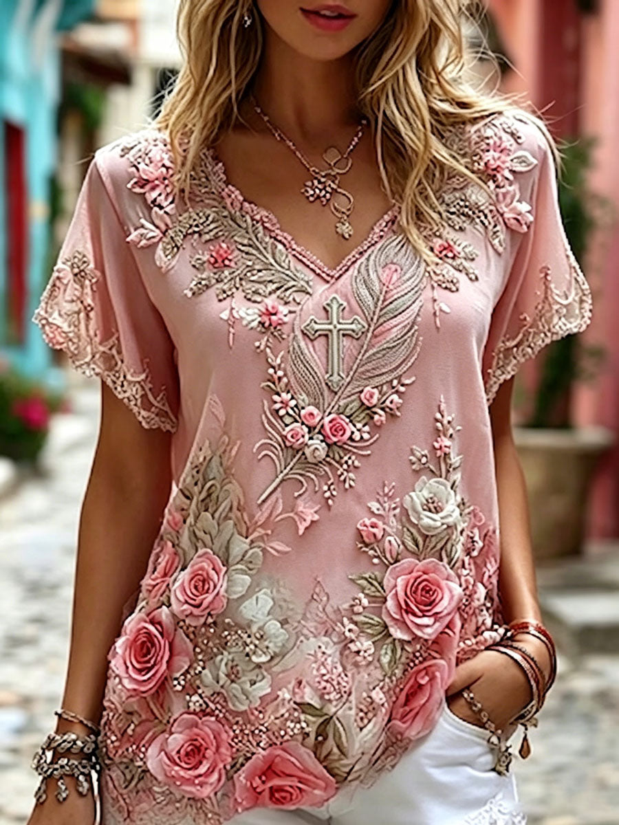 Women's  Cross, Floral Cotton Linen Top