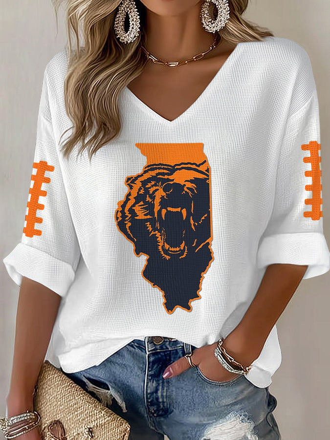 Women'S Rugby Printed Waffle Long Sleeve T-Shirt