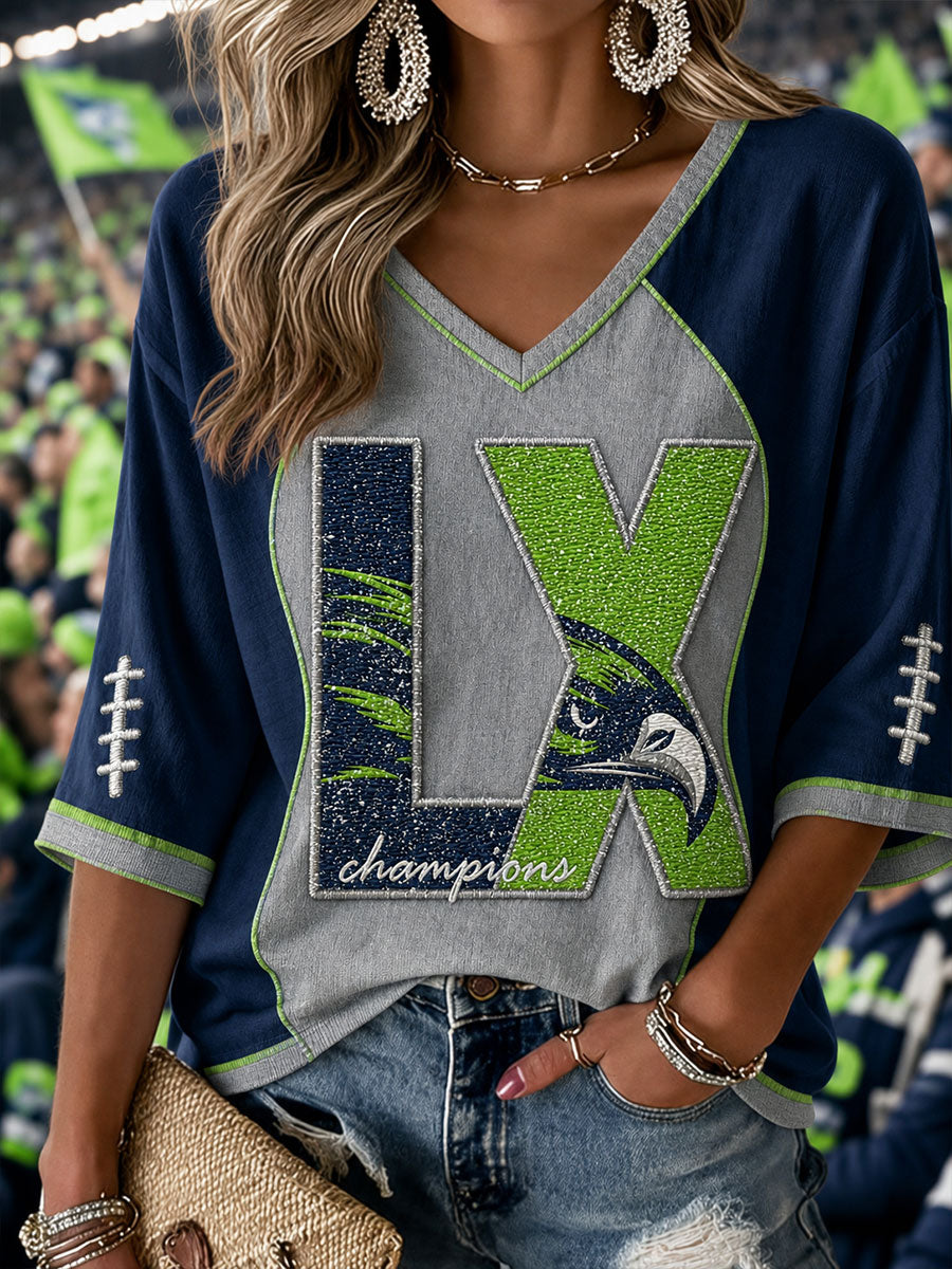 Women's American football V-Neck Three-quarter sleeve T-shirt